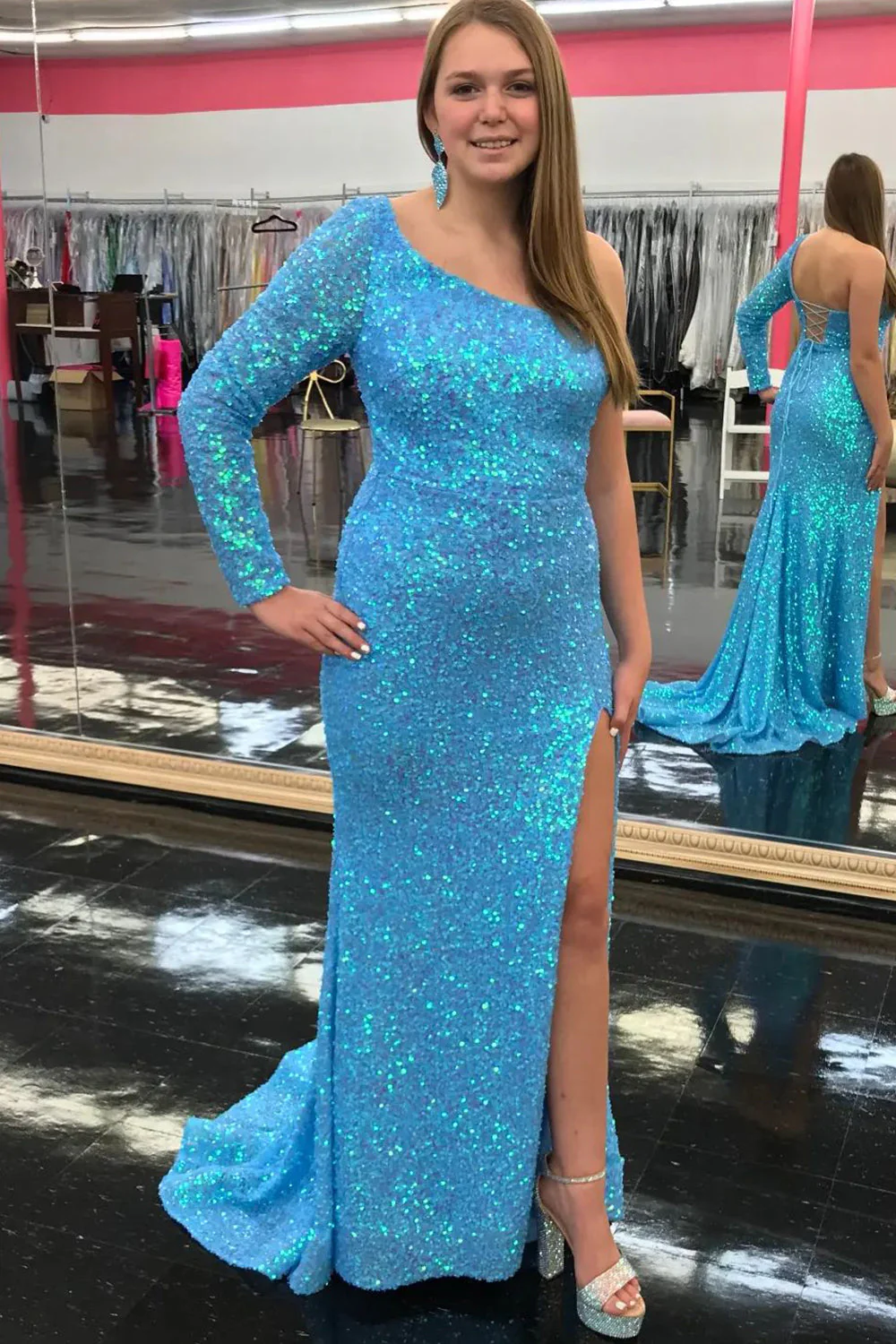 One Shouder Long Sleeves Sequins Mermaid Prom Dress with Slit - Image 5