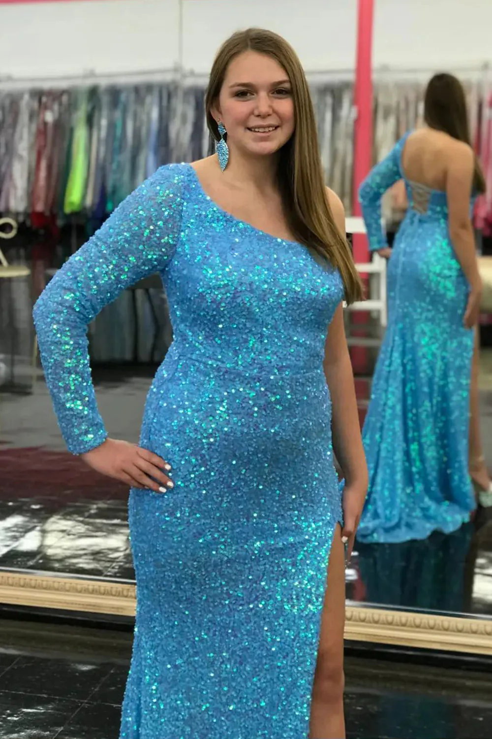 One Shouder Long Sleeves Sequins Mermaid Prom Dress with Slit - Image 7