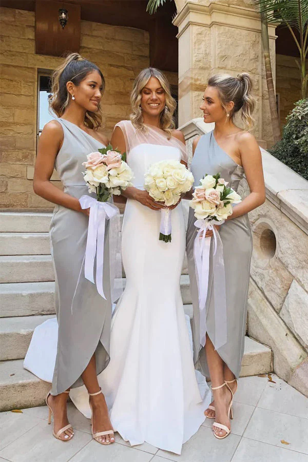 One Shoulder Asymmetrical Silver Bridesmaid Dress - Image 2