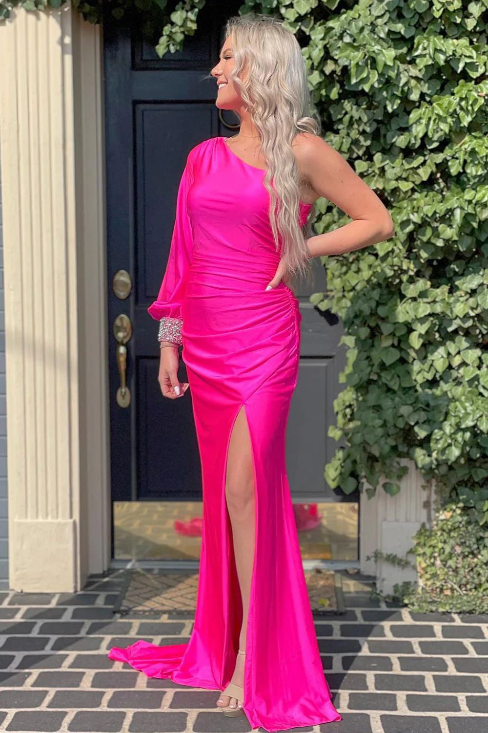 One Shoulder Black Mermaid Prom Dress with Slit - Image 11