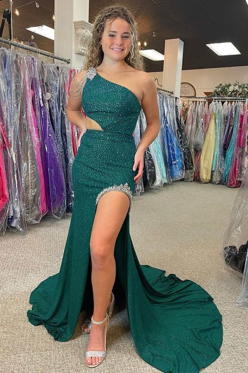 One-Shoulder Hunter Green Beaded Mermaid Long Prom Dress with Slit - Image 2