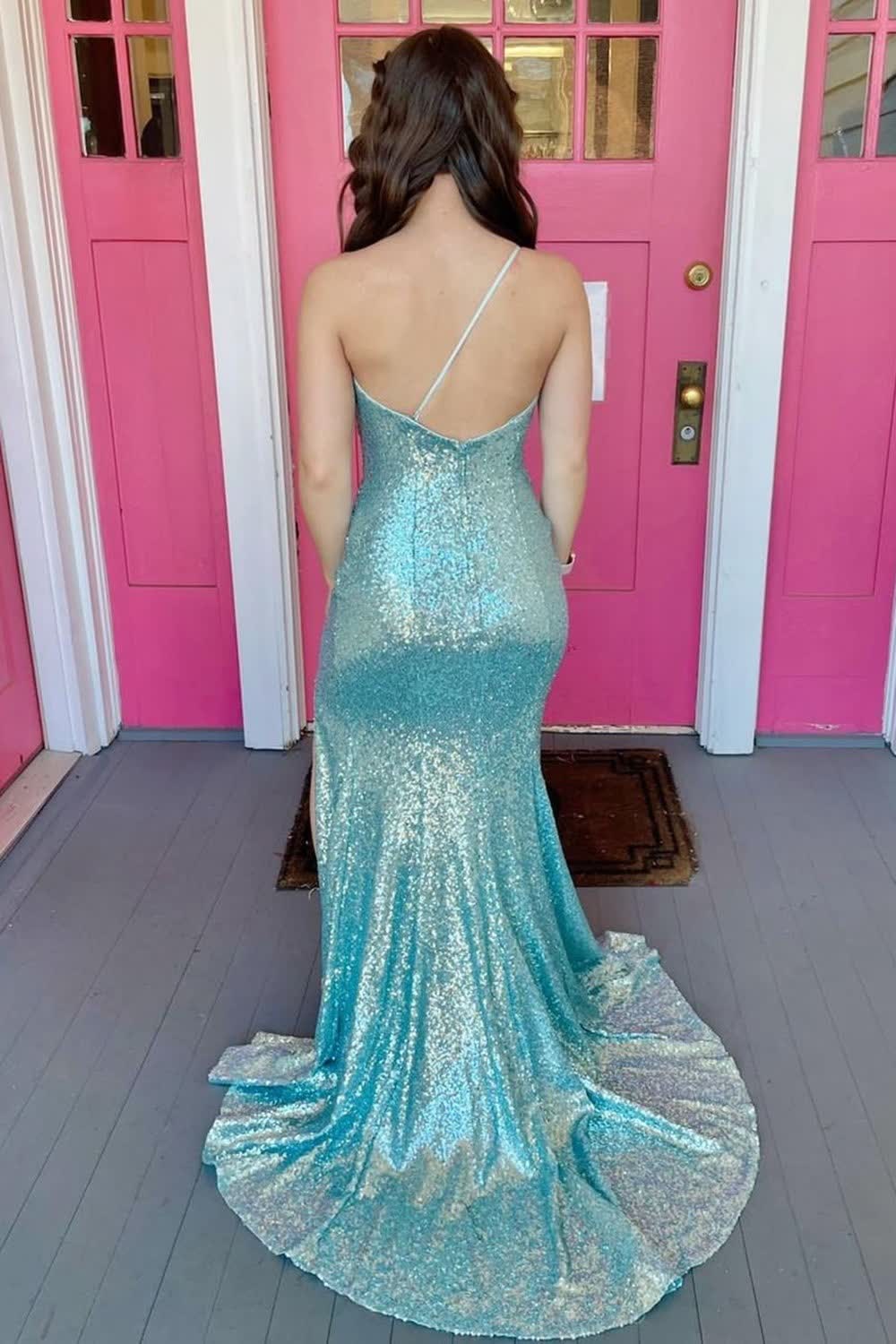 One Shoulder Sequins Mermaid Prom Dress with Slit - Image 2