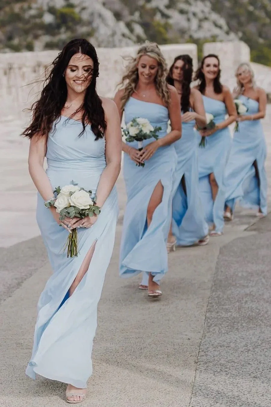 One Shoulder Sleeveless Light Blue Bridesmaid Dress With Slit - Image 3