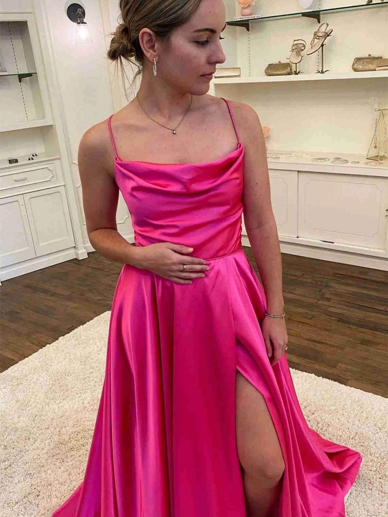 A Line Cowl Neck Satin Prom Dress With Slit - Image 5
