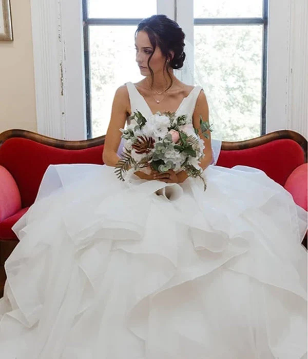 Organza V-neck Ball Gown Wedding Dress with Ruffles Beadings Sash Bridal Dress - Image 2
