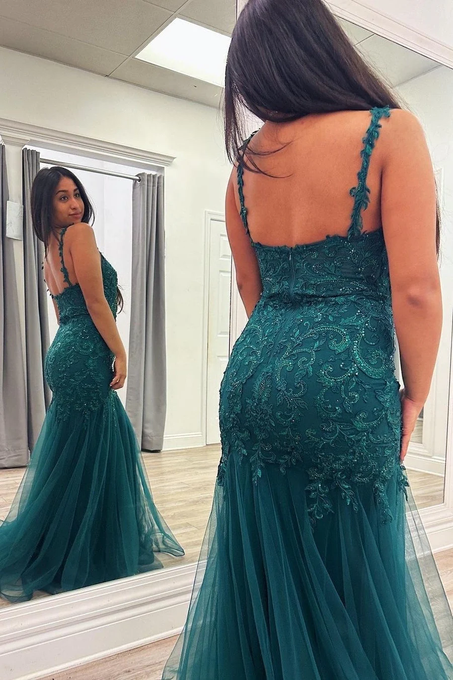 Peacock Mermaid V-Neck Appliques Tulle Long Prom Dress - Image 2