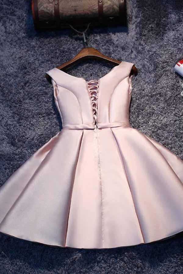 Pink A-line Lace-up Satin Short Homecoming Dress Party Dress PD046 - Image 3