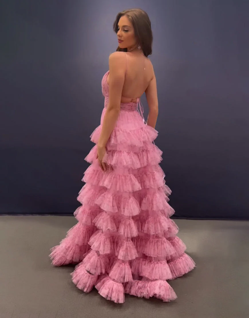 Pink A Line Spaghetti Straps Open Back Tiered Long Prom Dress - Image 4