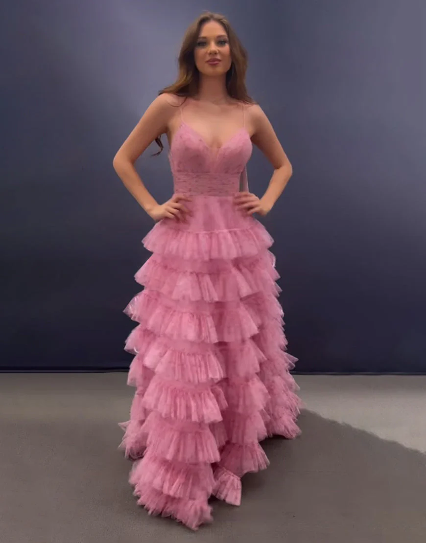 Pink A Line Spaghetti Straps Open Back Tiered Long Prom Dress - Image 5