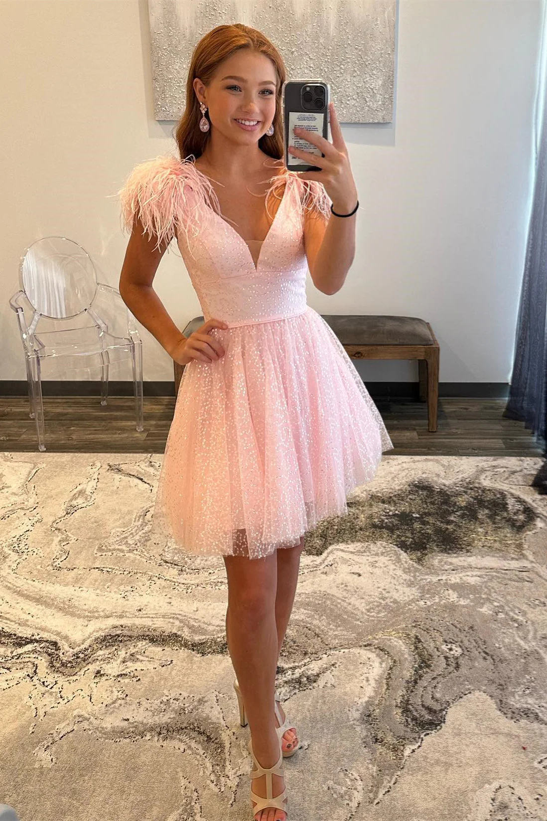 A-line Deep V Neck Tulle Homecoming Dress with Feathers - Image 3