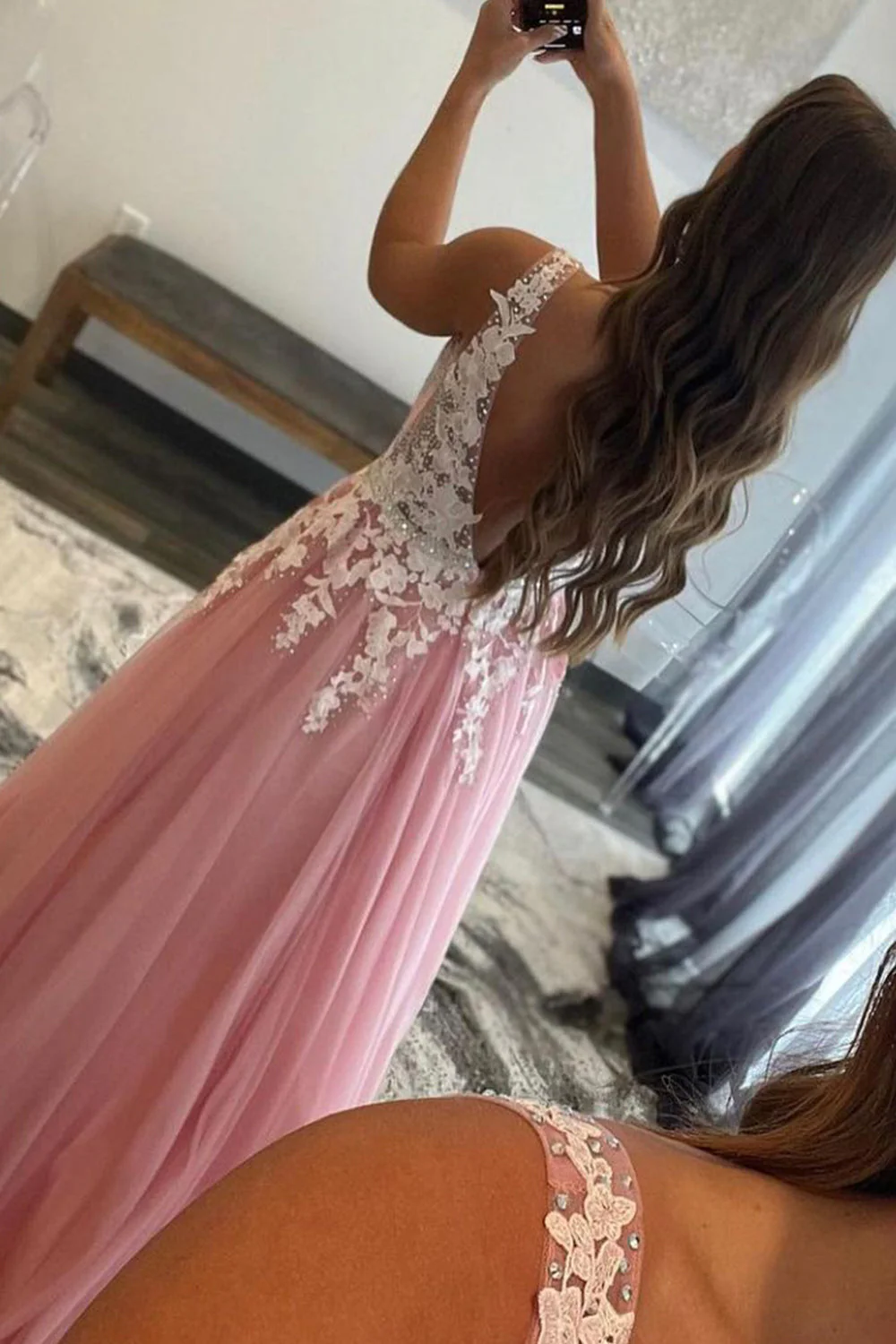 A-Line Tulle Prom Dress with Appliques - Image 2