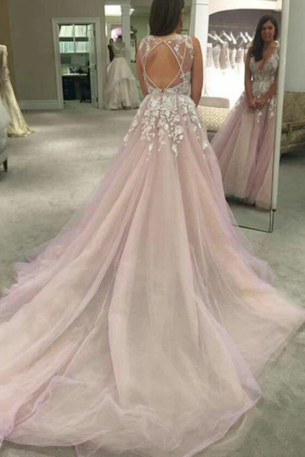 Pink A-line V-neck Sheer Back Long Wedding Dresses with Appliques - Image 3