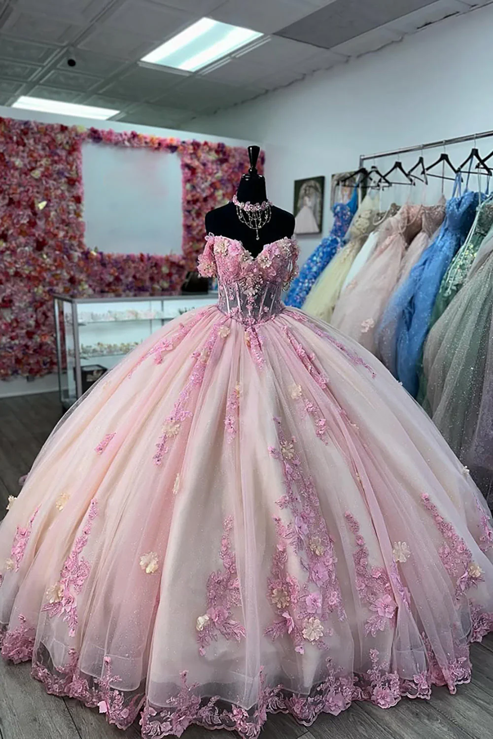 Pink Ball Gown Off the Shoulder Tulle Applique Corset Quinceanera Dress - Image 2