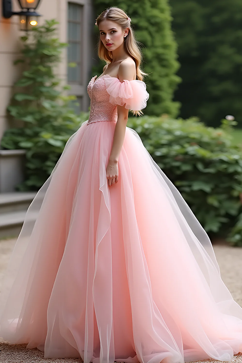 Pink Ball Gown Tulle Lace Long Prom Dress with Ruffles - Image 3