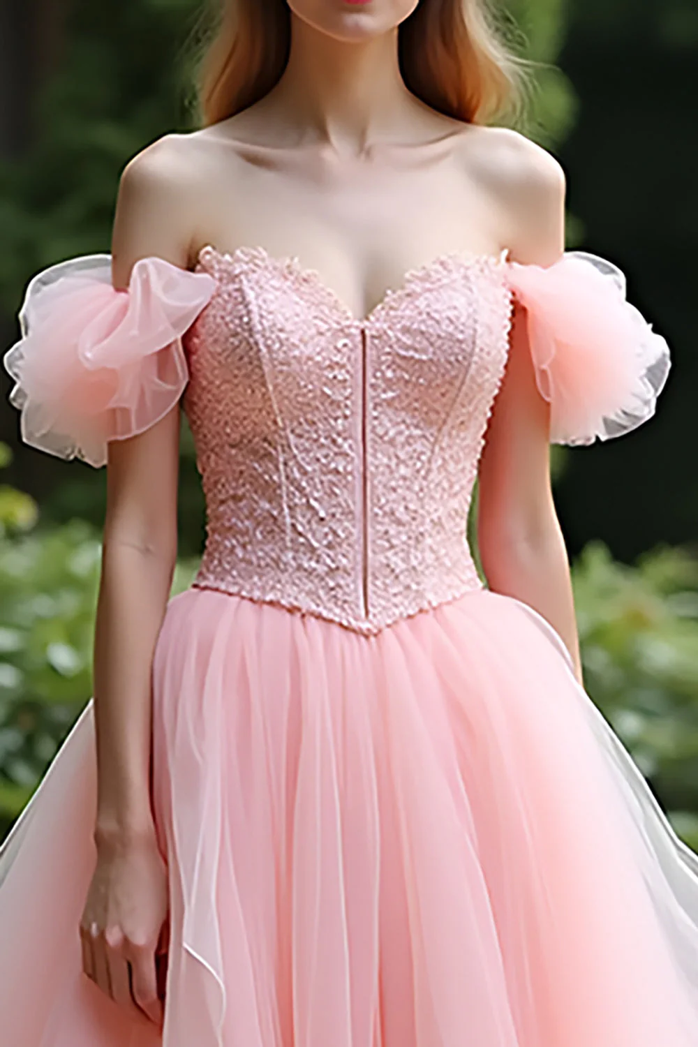 Pink Ball Gown Tulle Lace Long Prom Dress with Ruffles - Image 4