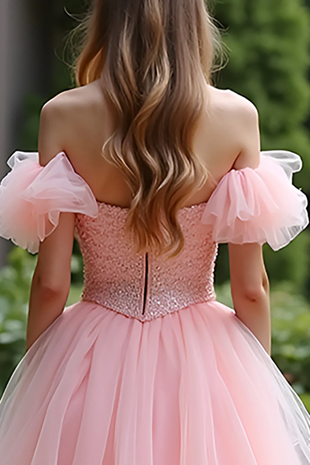 Pink Ball Gown Tulle Lace Long Prom Dress with Ruffles - Image 5