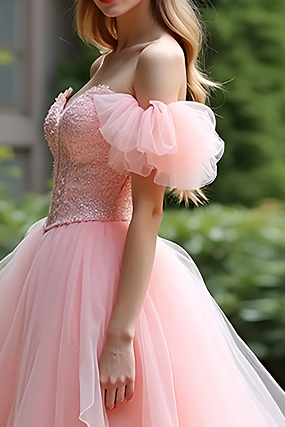 Pink Ball Gown Tulle Lace Long Prom Dress with Ruffles - Image 6