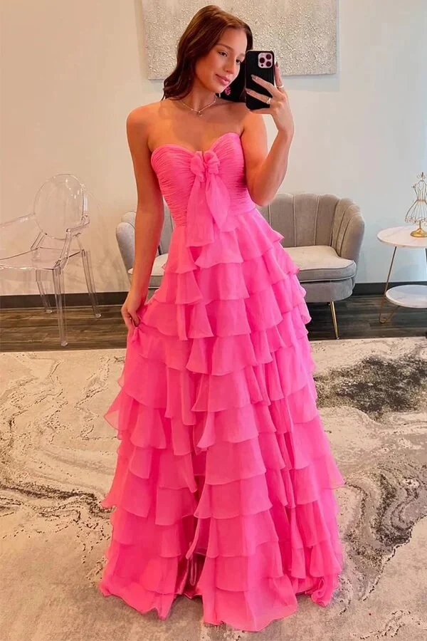 Pink Chiffon Tiered A-line Sweetheart Neck Prom Dresses With Bow