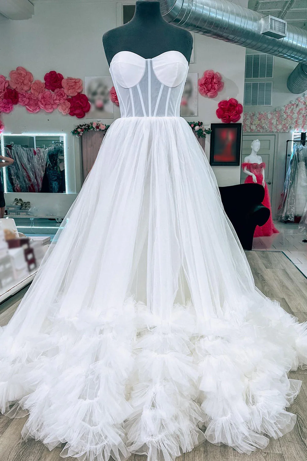 A-line Corset Strapless Tulle Prom Dress with Ruffles - Image 5