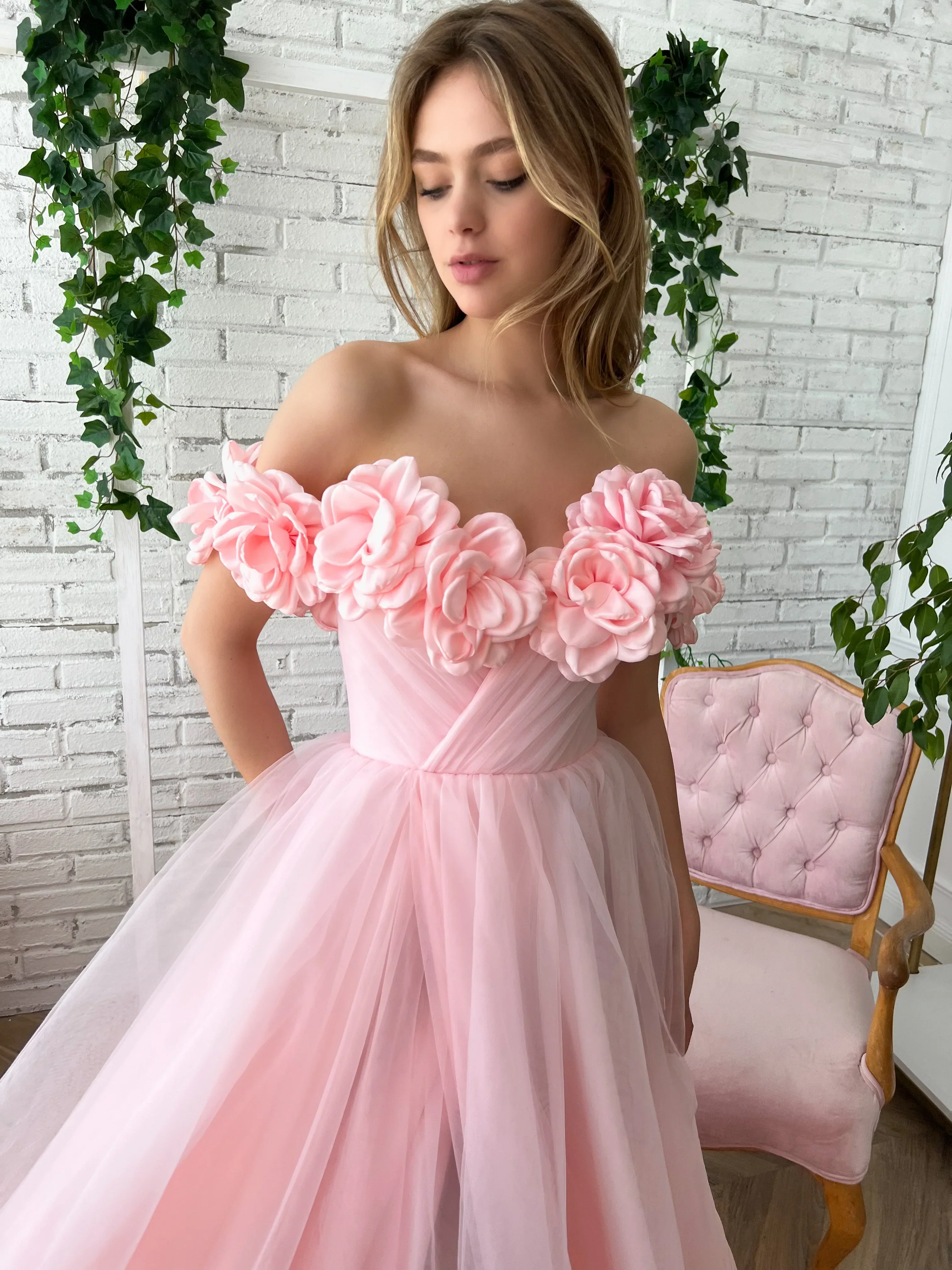 Pink dress with flowers on the shoulders-1 - Image 3