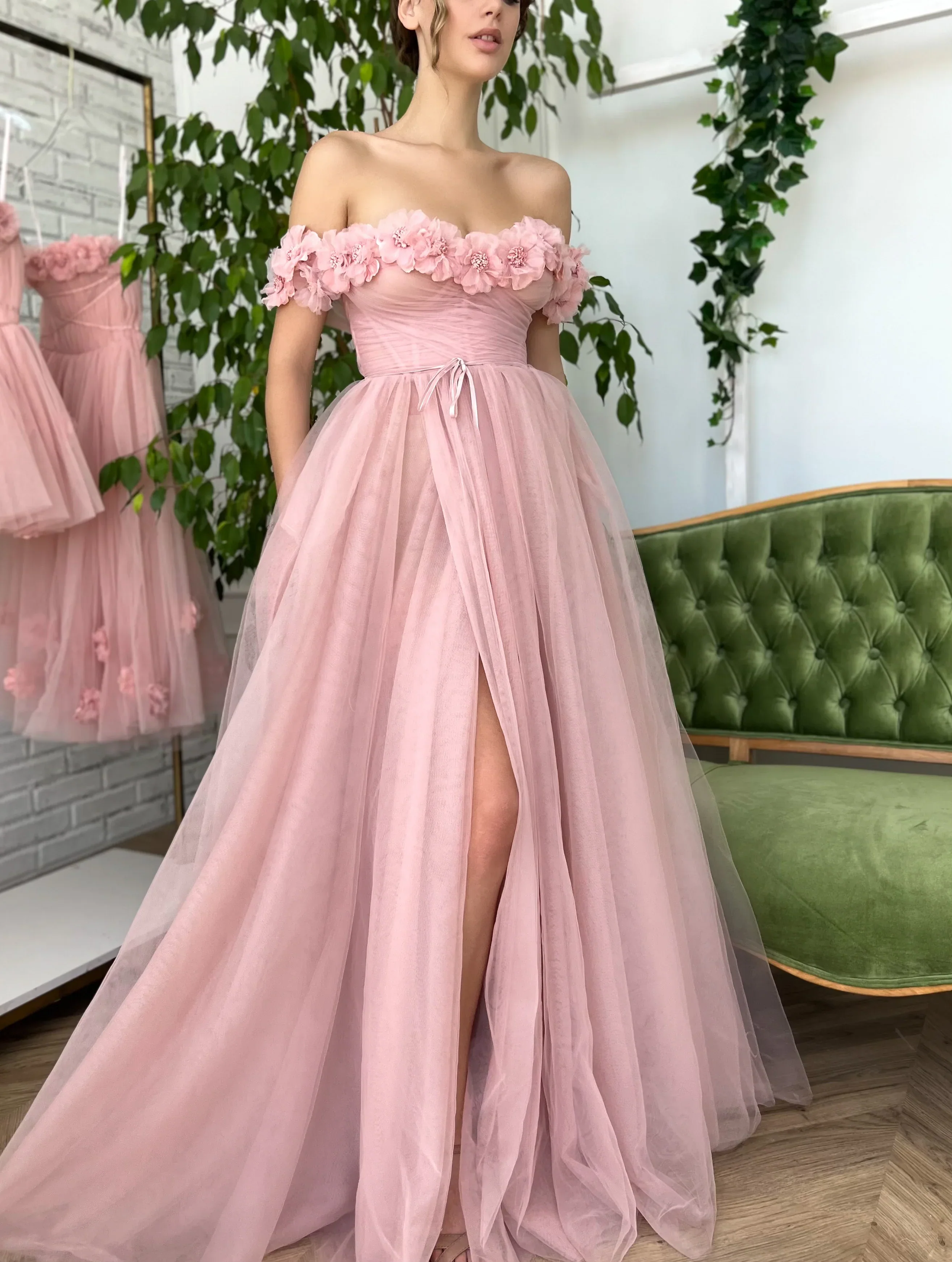 Pink dress with flowers on the shoulders-2