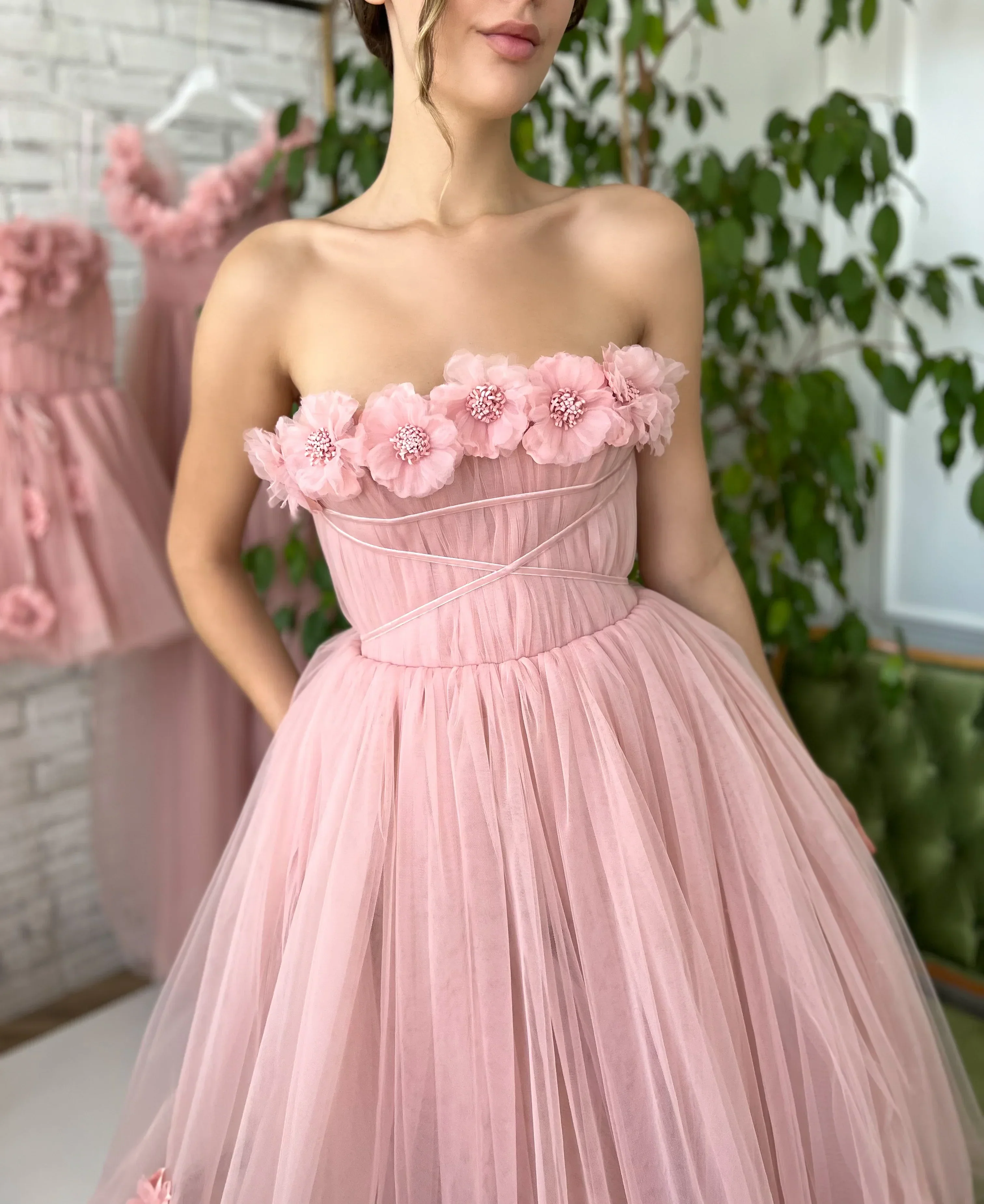 Pink dress with flowers on the shoulders-3 - Image 3