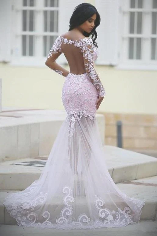 Lace See Through Mermaid Long Sleeve Prom Dress, Cheap Evening Dresses - Image 3