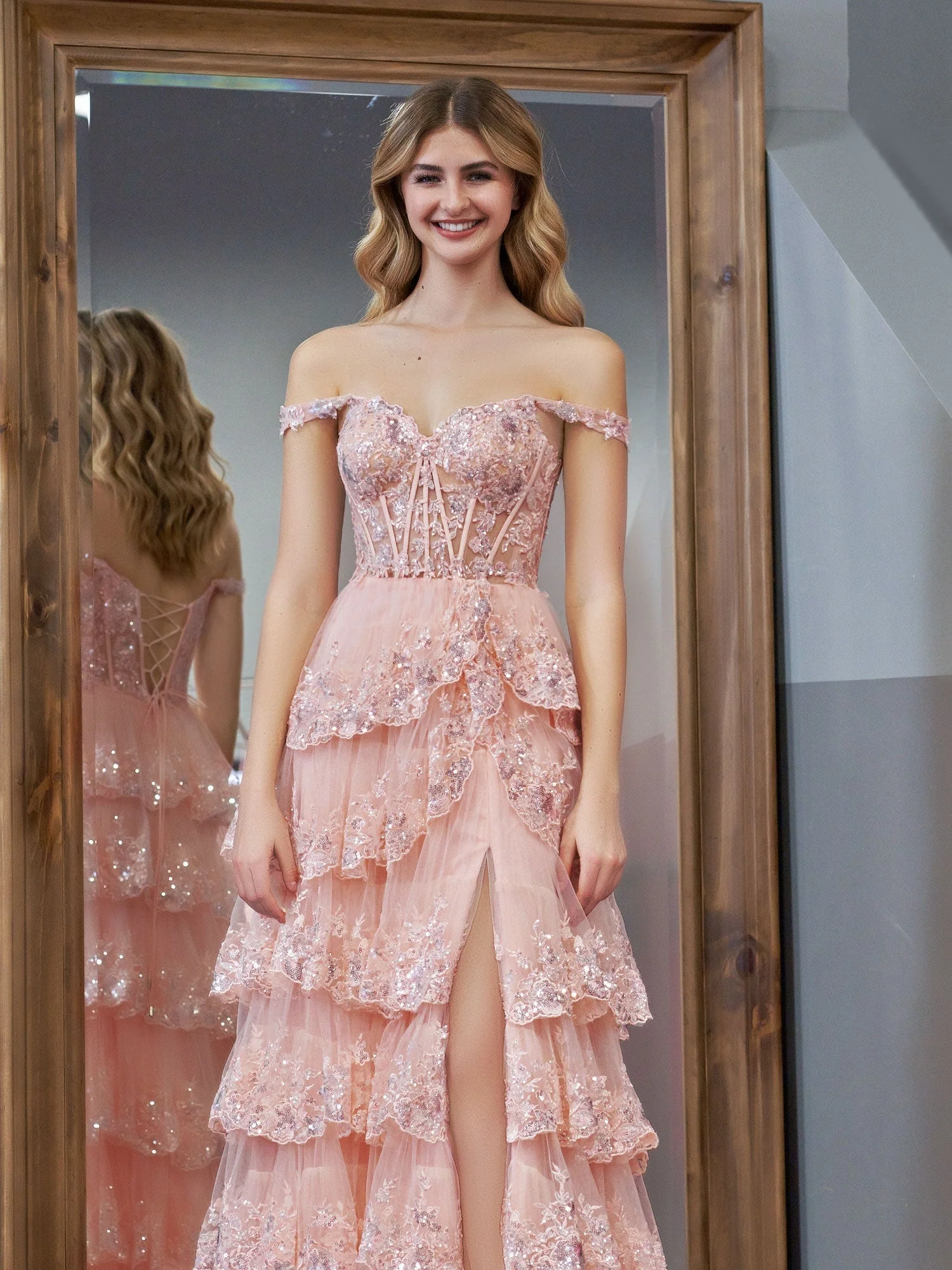 Princess A Line Off the Shoulder Corset Prom Dress with Lace Ruffles - Image 4