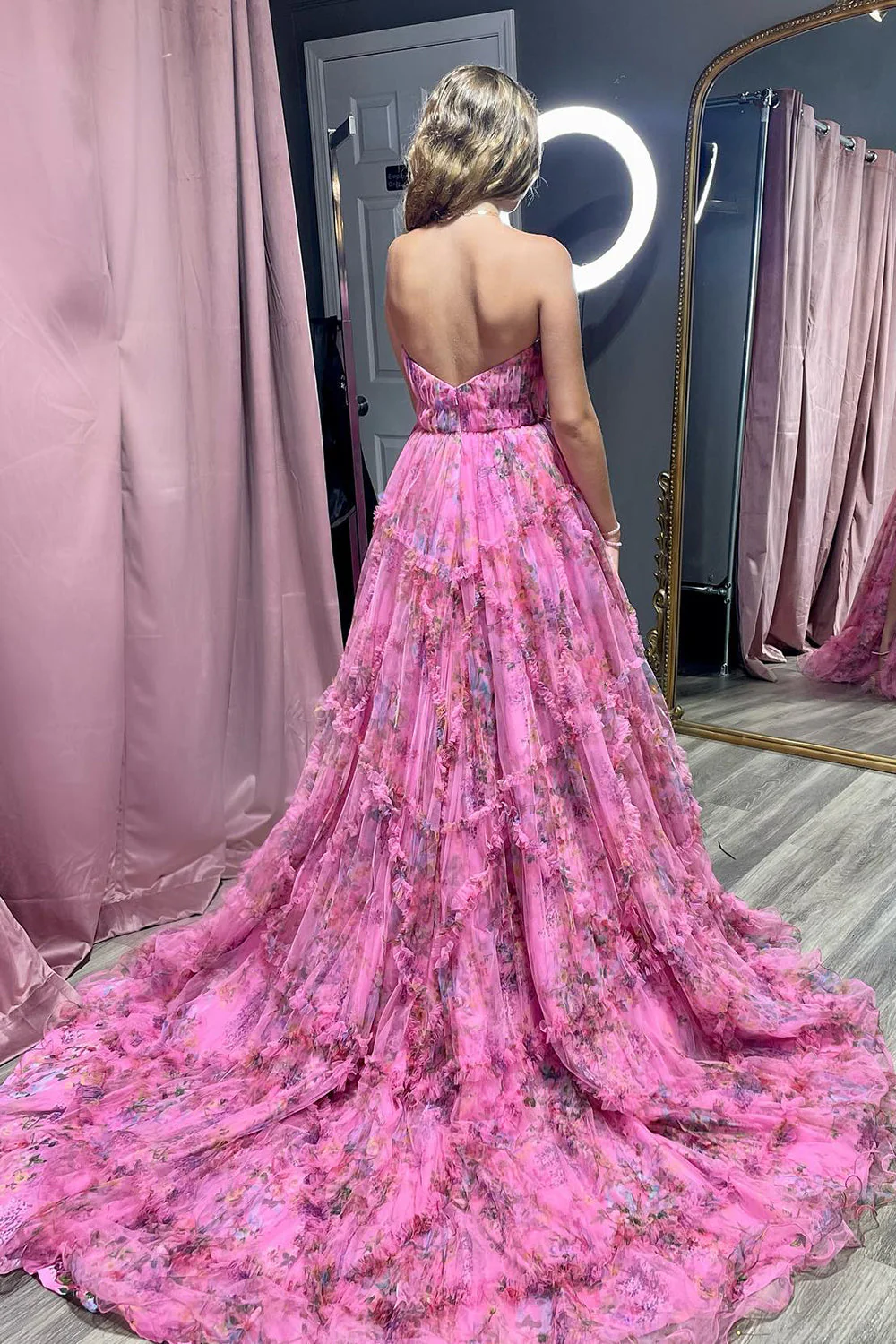 A-Line Sweetheart Floral Printed Tulle Prom Dress with Slit - Image 2