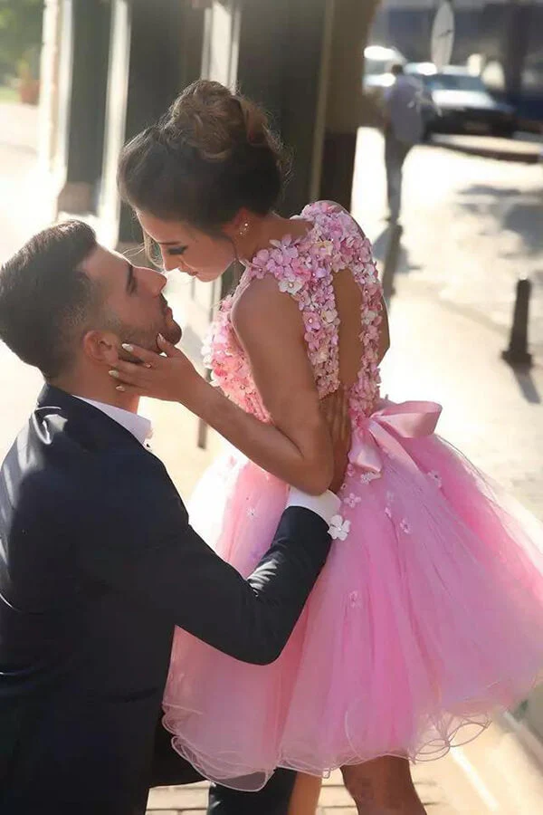 Tulle Hand-Made Flowers Short Prom Dresses, Homecoming Dress - Image 3