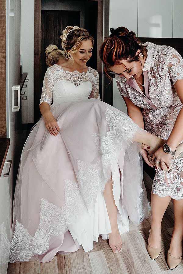 Pink Tulle Lace Backless Half Sleeves Lace Up Wedding Dresses, Bridal Gown