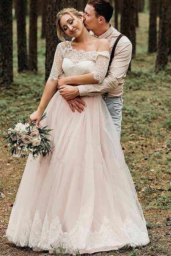 Pink Tulle Lace Backless Half Sleeves Lace Up Wedding Dresses, Bridal Gown - Image 4