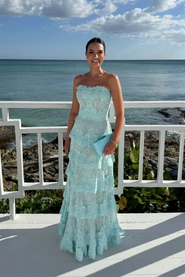 Mint Lace Maxi Dresses with Strapless Neckline Tiered Ruffle Hem for Beach Vacation and Garden Wedding - Image 2