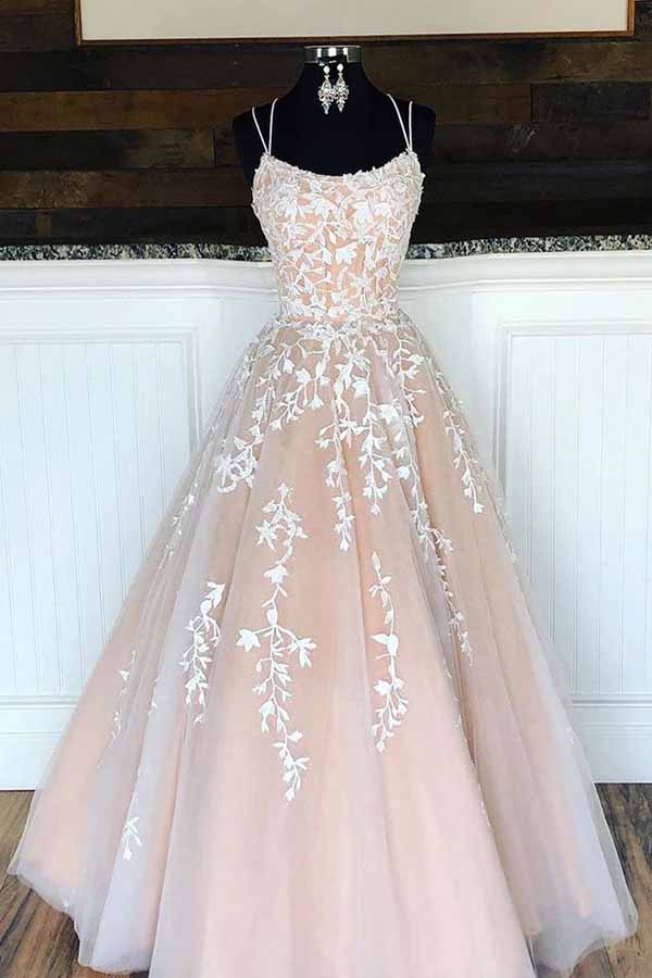 Pink Tulle Princess Spaghetti Straps A-line Lace Appliques Prom Dresses, MP653