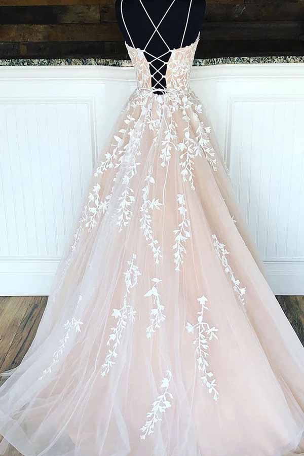 Pink Tulle Princess Spaghetti Straps A-line Lace Appliques Prom Dresses, MP653 - Image 2