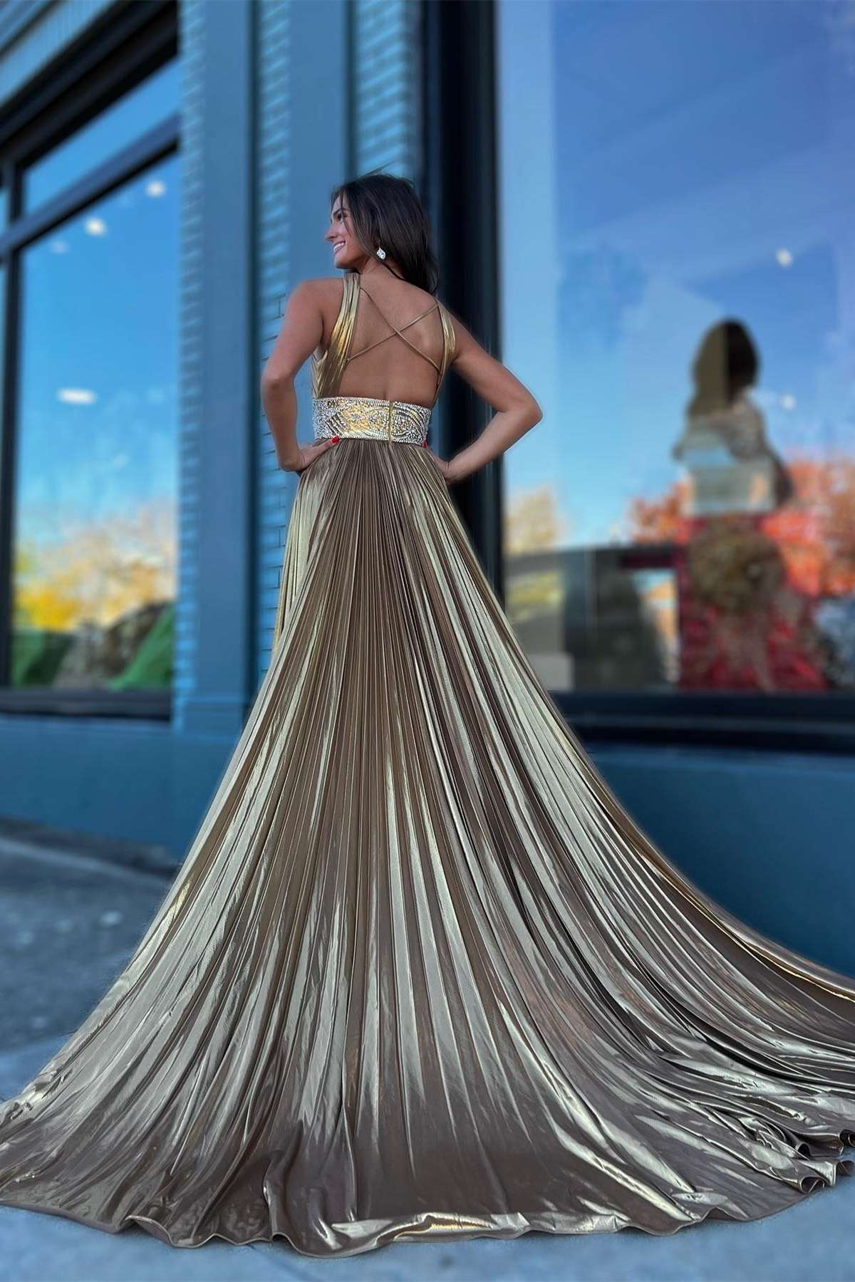 Pleated Criss Cross Straps Metallic Long Prom Dress - Image 2