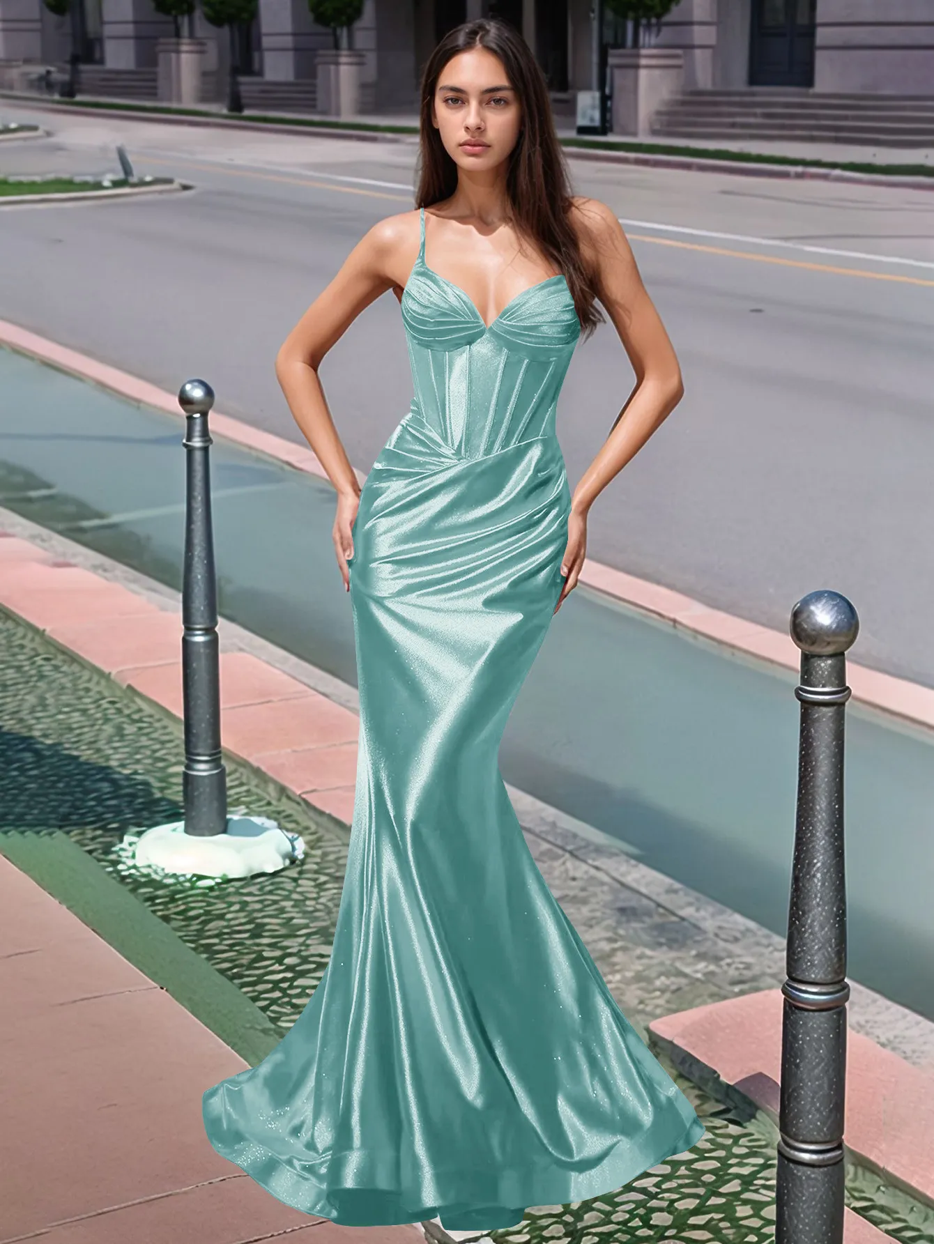 Pleated V-neck Boiced Mermaid Long Prom Dress - Image 10
