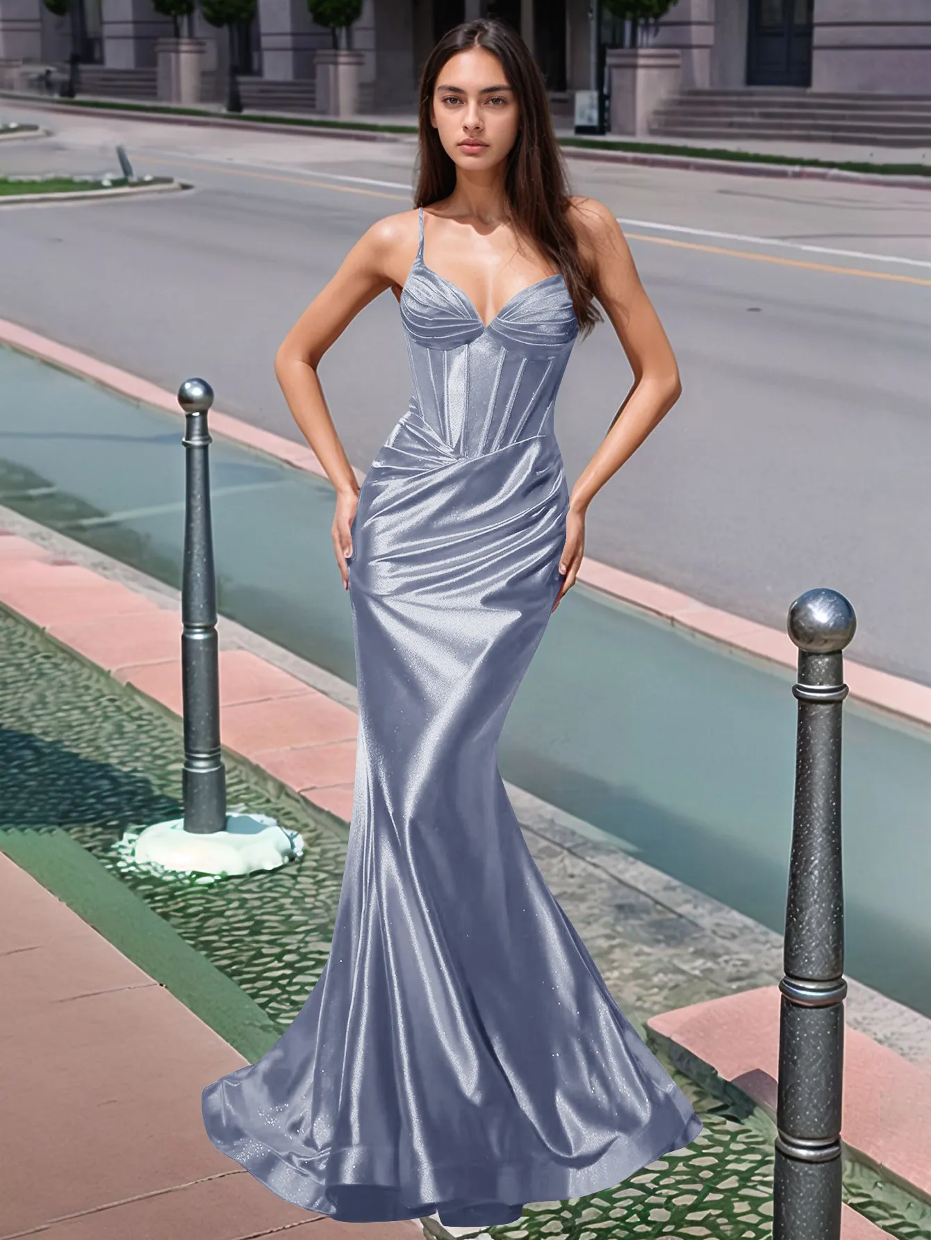Pleated V-neck Boiced Mermaid Long Prom Dress - Image 12