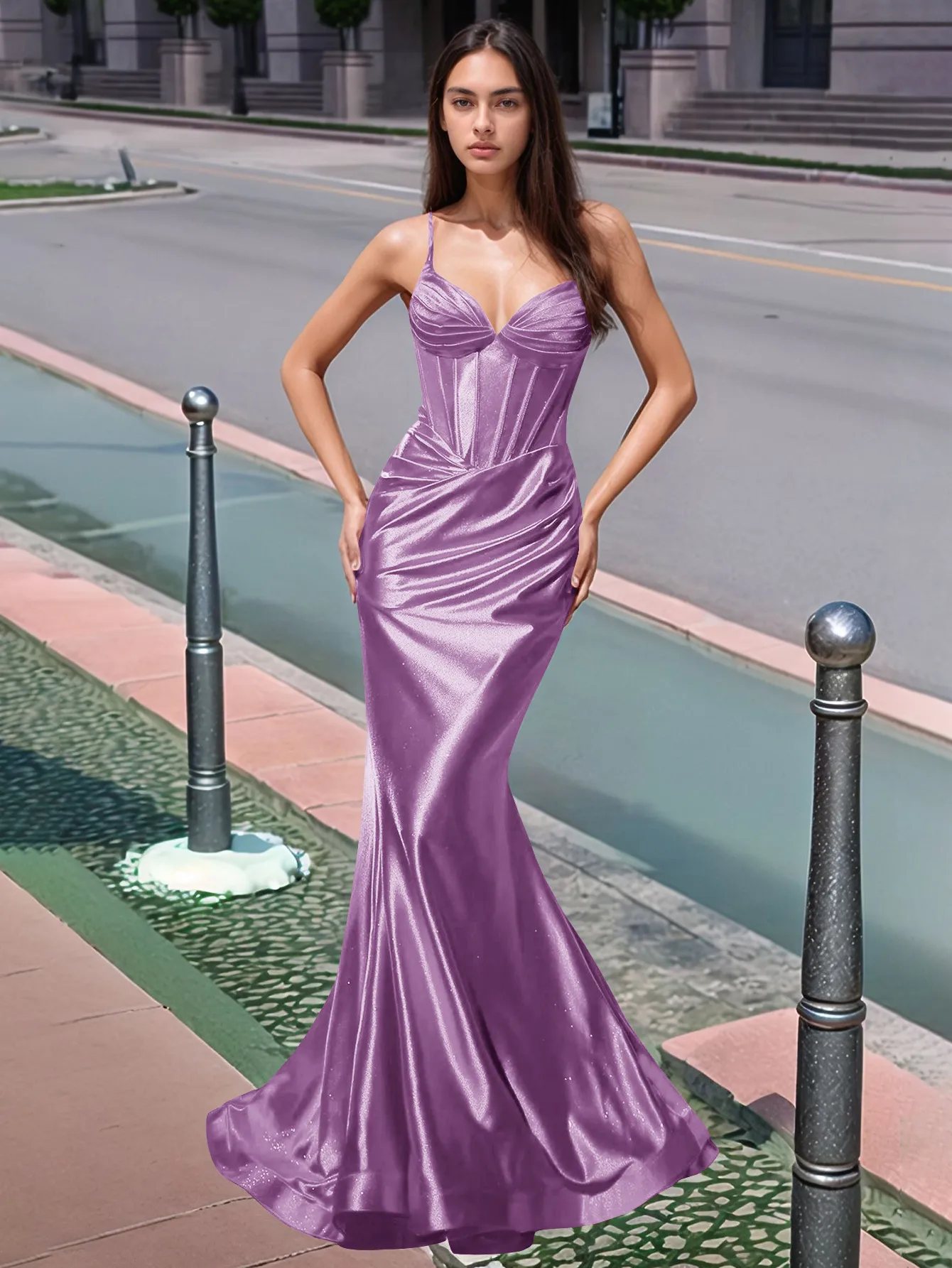 Pleated V-neck Boiced Mermaid Long Prom Dress - Image 13