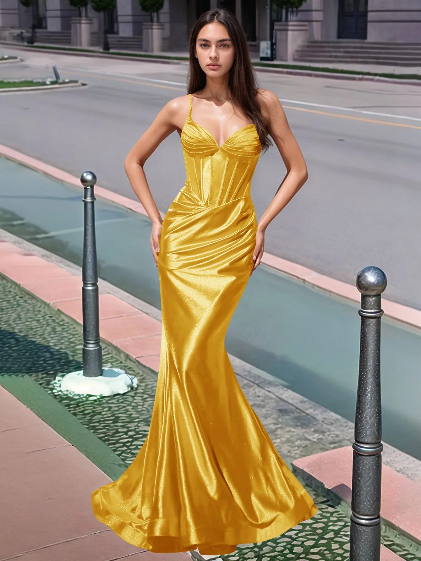 Pleated V-neck Boiced Mermaid Long Prom Dress - Image 21