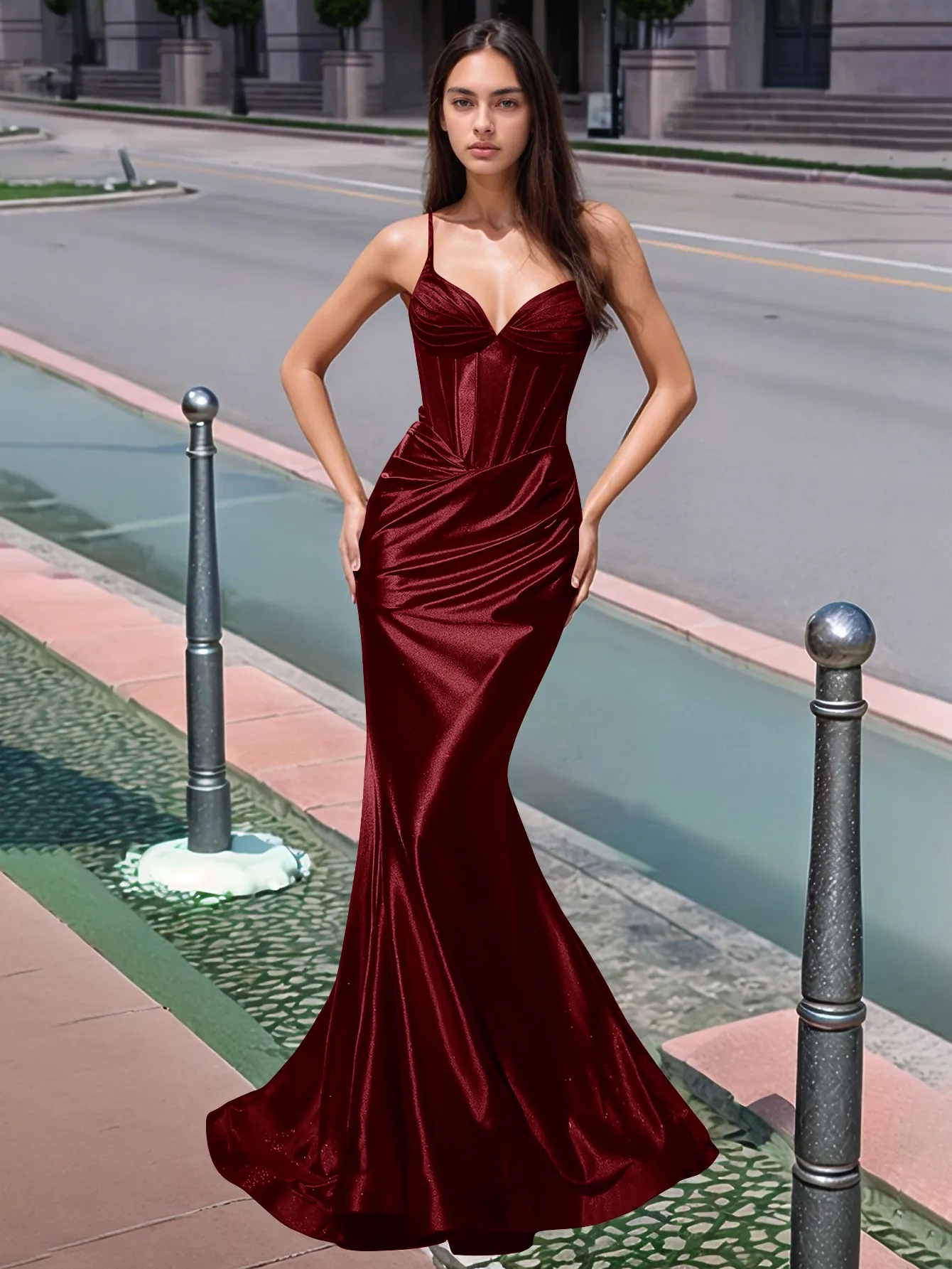 Pleated V-neck Boiced Mermaid Long Prom Dress - Image 23