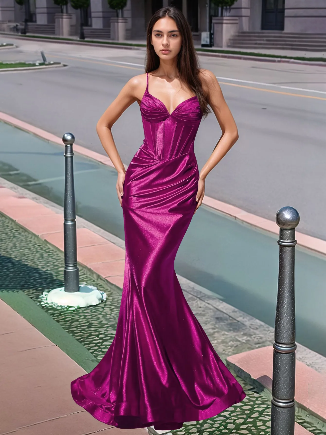 Pleated V-neck Boiced Mermaid Long Prom Dress - Image 30