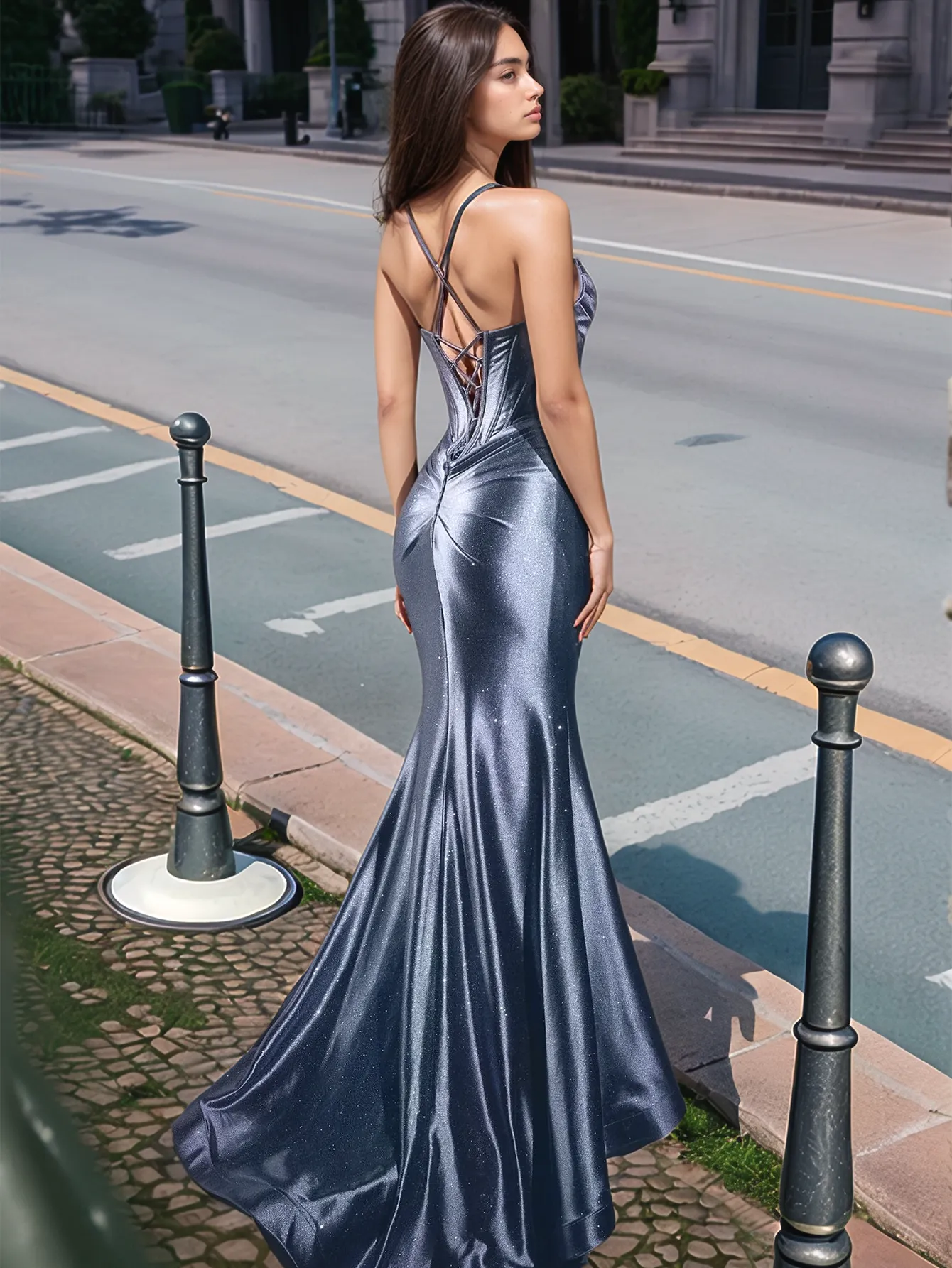 Pleated V-neck Boiced Mermaid Long Prom Dress - Image 37
