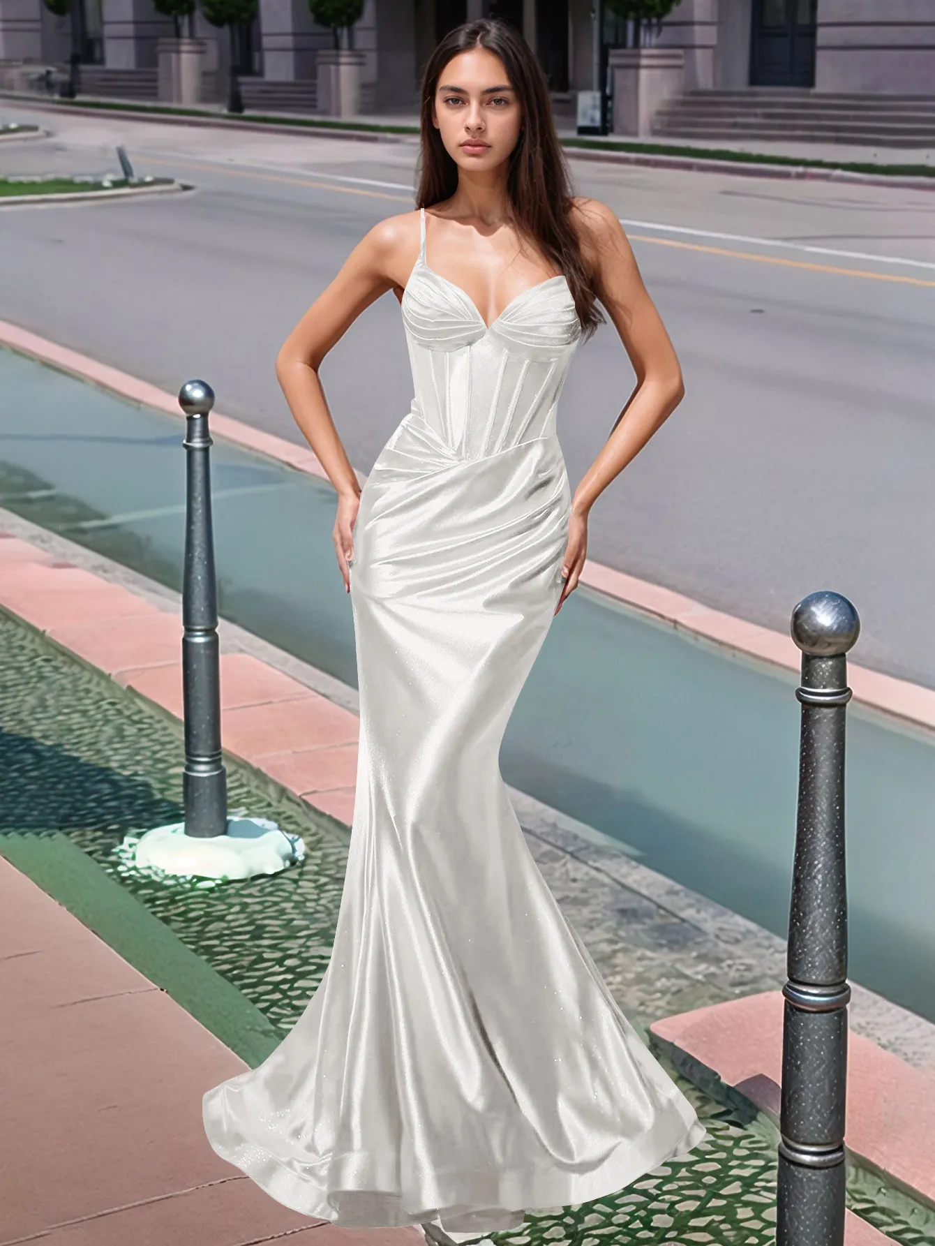 Pleated V-neck Boiced Mermaid Long Prom Dress - Image 4