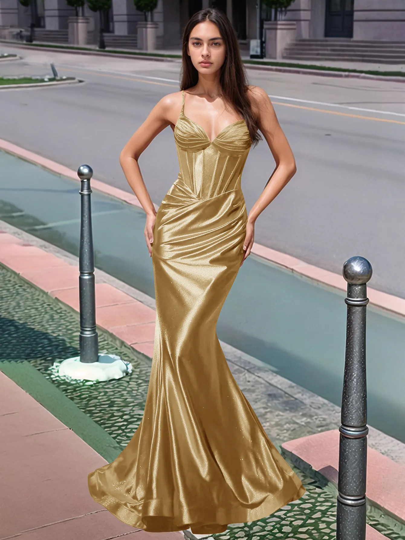 Pleated V-neck Boiced Mermaid Long Prom Dress - Image 9