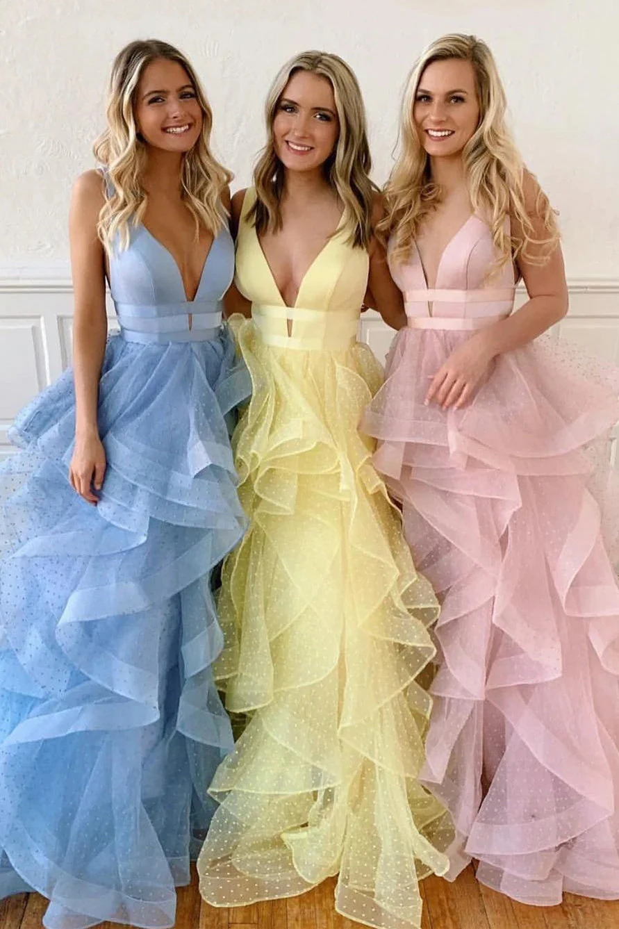 A-line V Neck Cascading Ruffles Long Prom Dress - Image 2