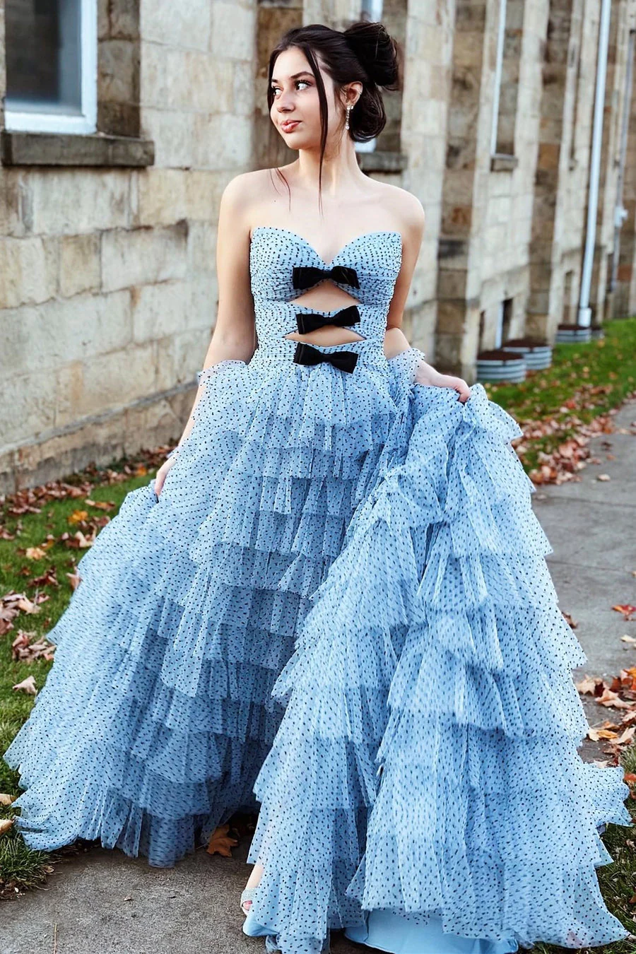 Polka Dot Strapless Ruffle Tiered Prom Gown with Keyholes - Image 7