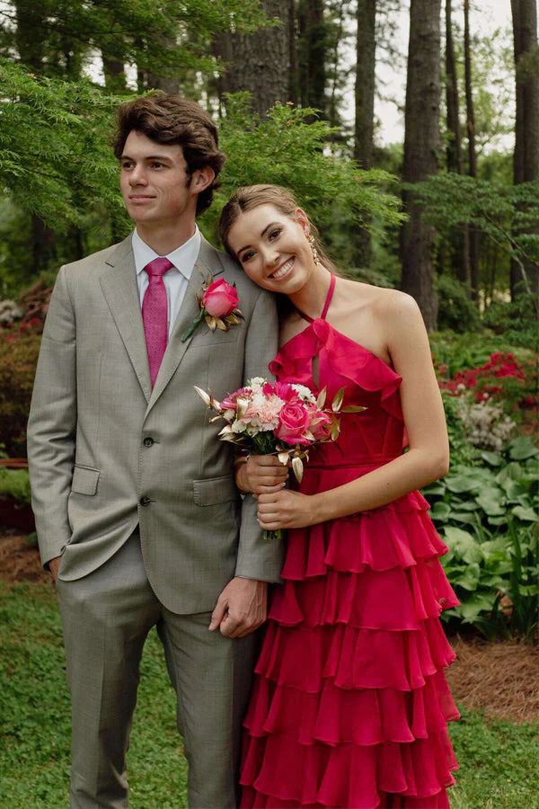 Pretty Halter Neck Ruffle Fuchsia Long Prom Dress - Image 3
