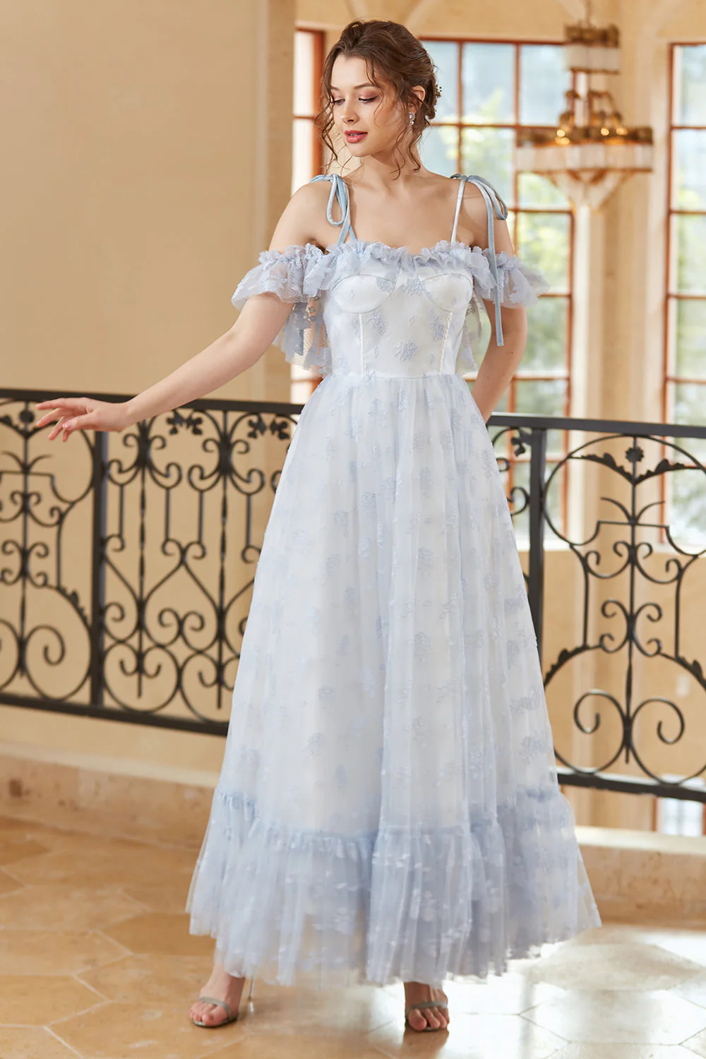 Princess A Line Off the Shoulder Light Blue Long Prom Dress - Image 4