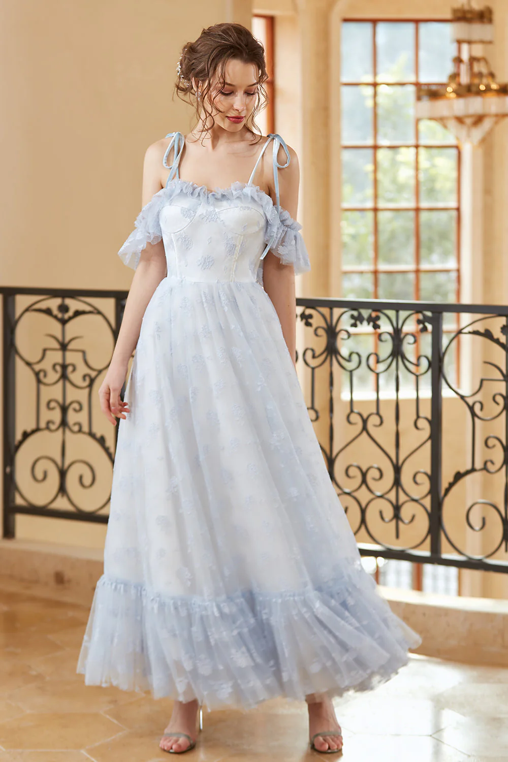 Princess A Line Off the Shoulder Light Blue Long Prom Dress - Image 5